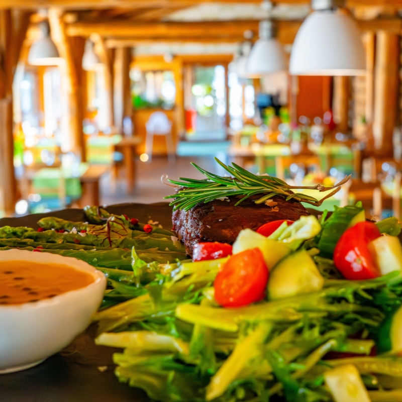 Restauracja z oranżerią z sezonowanymi stekami tbone sałatkami i menu dzieciencym w Hotelu Górskim w województwie łódzkim trzy gwiazdki.jpg