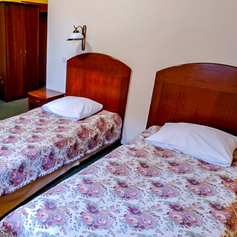 Pokój Twin w Hotelu Górskim w łódzkim nocleg biznesowy dla dwóch osób, rzeźbione drewniane łóżka.png